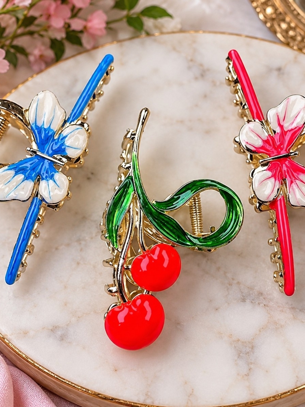 Cherry  And Butterflies Enamel Hair Clip - Women Accessories